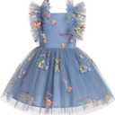 Girls Birthday Party Dress Ruffle Sleeve Sequin Dots Floral Tulle Princess Wedding Pageant Formal Bance Gown (Blue), 130