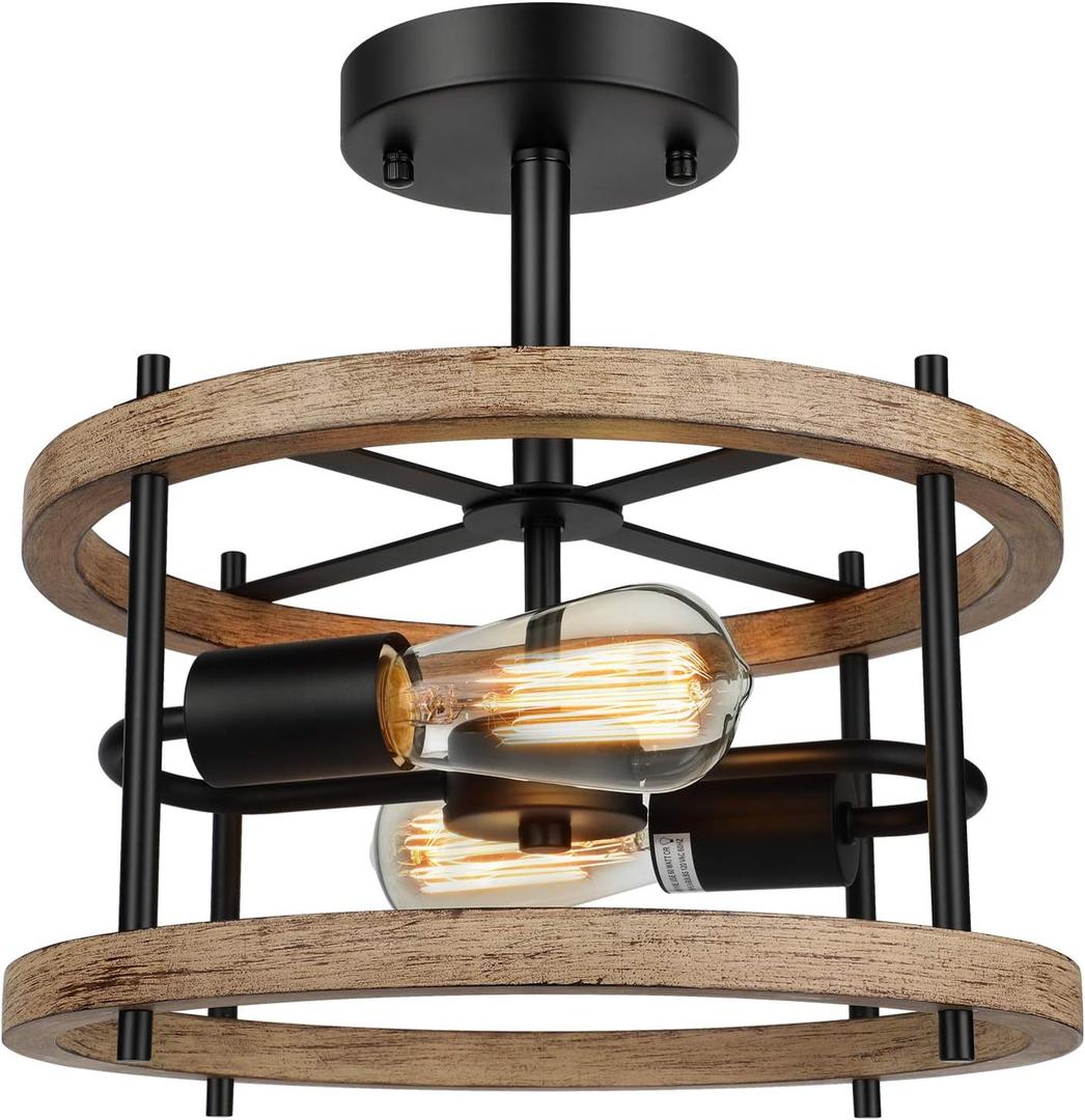 Lakumu 2-Light Retro Semi Flush Mount Ceiling Light Fixture, Rustic Vintage Wood Ceiling Light Black Metal, Industrial Farmhouse Ceiling Lamp for Hallway Entryway Bedroom Balcony Farmhouse Dining Room, 12.8"