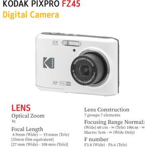 KODAK PIXPRO FZ45 16MP Digital Camera with 4X Optical Zoom 27mm Wide Angle and 2.7" LCD Screen White