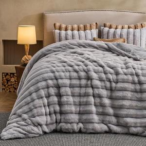 Fluffy Faux Rabbit Fur Comforter Cover Set King Size - Ultra Soft Plush Bedding Set - Luxury Striped Light Gray Fuzzy Duvet Cover - 3PC(Duvet Cover *1 Pillow Shams*2) - Zipper Closure