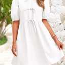 PRETTYGARDEN Womens 2025 Summer Casual Short Sleeve Dresses A Line Bow Tie Front Babydoll Loose Cute Mini Dress with Pockets (White,Medium) (White, M)