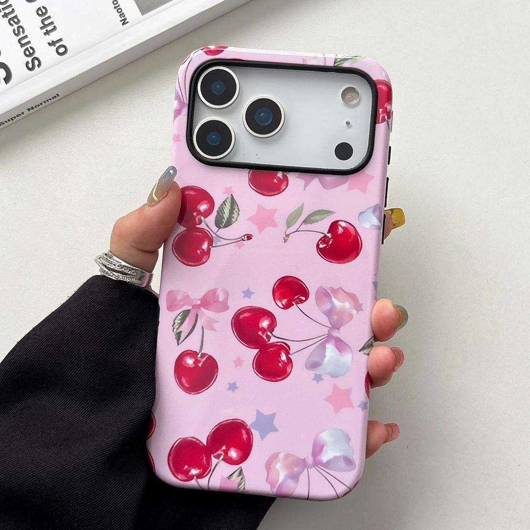 QLTYPRI Case for iPhone 17 Pro Max, Aesthetic Cute Pink Cherry Bow Phone Case for Girls Women, Protective Hybrid 2-Layer Hard Shell Silicone Cover Durable Shockproof Phone Cover - Pink