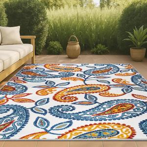 JONATHAN Y Paisley High-Low Indoor Outdoor Area Rug 4X6 Orange/Blue, Julien for Backyard, Patio, Porch, Easy-Cleaning, High Traffic, Pet-Friendly, Non-Shedding (AMC102B-4)