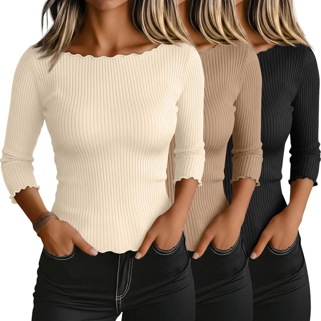 Riyiper 3 Pack Women's 3/4 Length Sleeve Tops Lettuce Trim Ribbed Boat Neck Shirts Half Slim Casual Basic Fitted Tees (X-Large, Black, Khaki, Pricot)