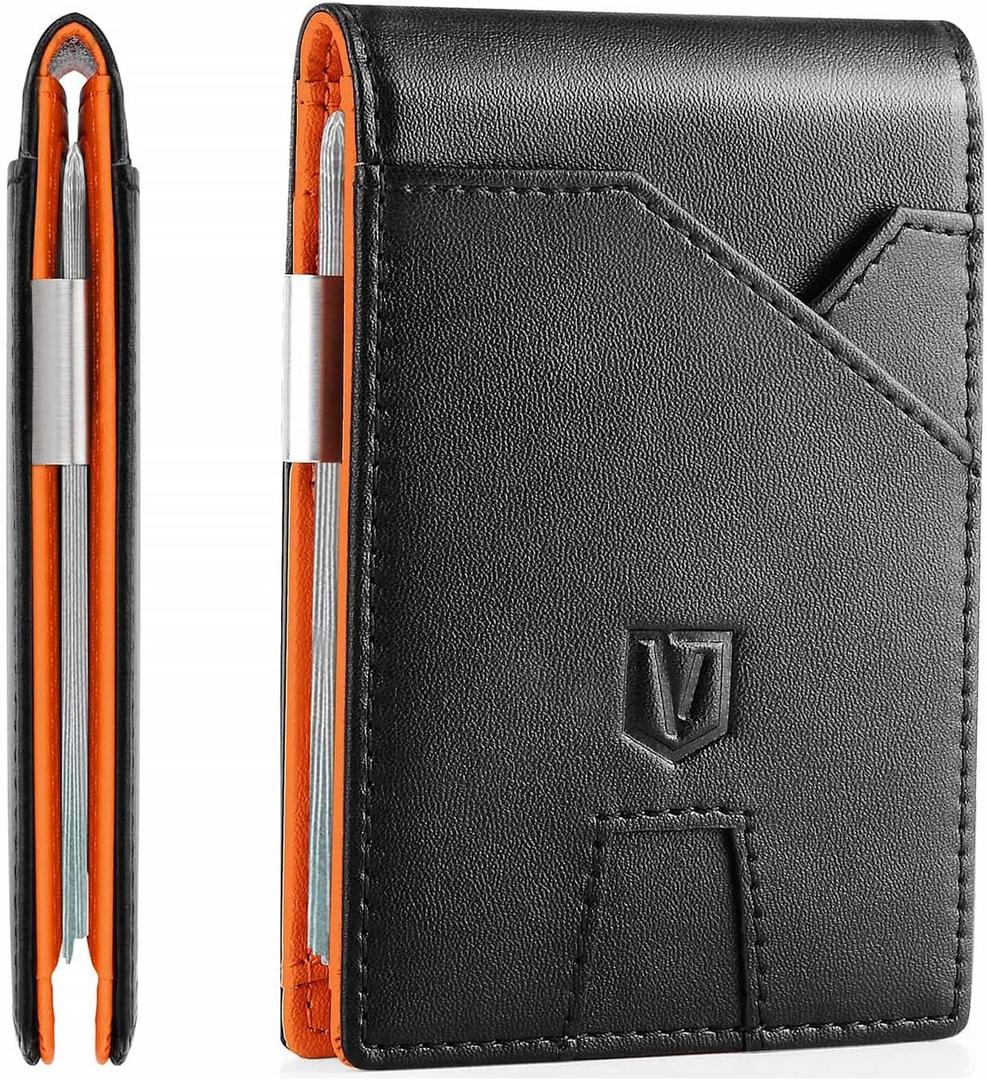 Slim Wallet for Men, Christmas Stocking Stuffers Gifts for Men Him, White Elephant Gifts for Adults Husband Boyfriend, RFID Blocking Minimalist Wallet for Men with Money Clip, Credit Card Holder (Classic Black & Orange)