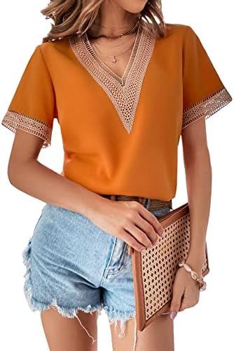 WDIRARA Women's V Neck Short Sleeve Lace Trim Top Casual Blouse Shirts Orange L