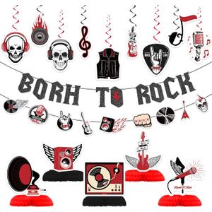 Rock Party Decorations - Guitar Themed Banner, Spiral Cards, and Honeycomb Ornaments - Perfect for Karaoke, Birthday, and Rock and Roll Parties