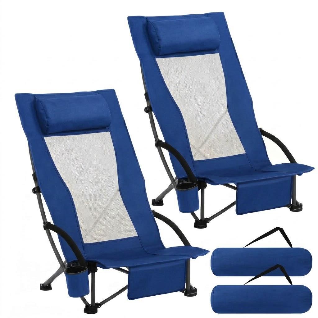 Spiareal 2 Pack High Back Chair for Adults with Headrest Cup Holder Carry Bag Portable Backpack Folding Beach Chair 300lbs Heavy Duty Lightweight High Back for Picnic Camping Fishing(Blue)