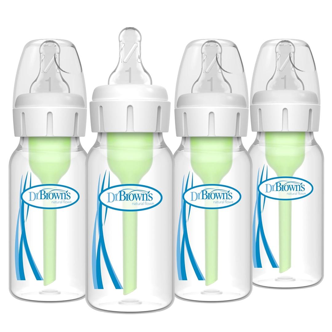 Dr. Brown's AntiColic Options+ Narrow Glass Baby Bottle with Level 1 Slow Flow Nipple, BPAFree, 4 oz/120mL, 4Pack