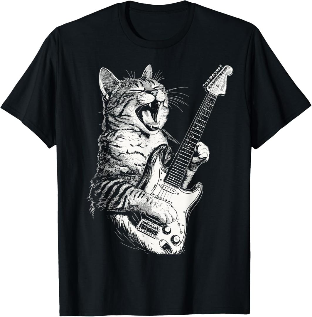 Cat Playing Guitar T-Shirt (2XL, Black)