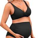 Charmo High Waisted Maternity Swimsuit Bikini Set V Neck Pregnancy Bathing Suits Push Up Two Piece Swimwear (Medium, #1a Black)