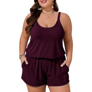Summer Mae Plus Size Swim Romper Women One Piece Swimsuit Blouson Bathing Suit with Pockets 2026 Modest Swimwear (12, Purplish Red)