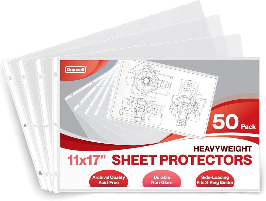 Dunwell 11x17 Sheet Protectors Landscape - (50 Pack, Heavyweight), 11 x 17 Ledger Size Plastic Sleeves, 3 Hole Punched, Fits 3-Ring Binders, Clear Archival Sleeves, Oversized Sheet Protectors