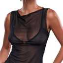 RoseSeek Women's Sheer Mesh Tank Top Sleeveless Slim Fit Fitted Summer Shirts Going Out Tops (Black,Small)