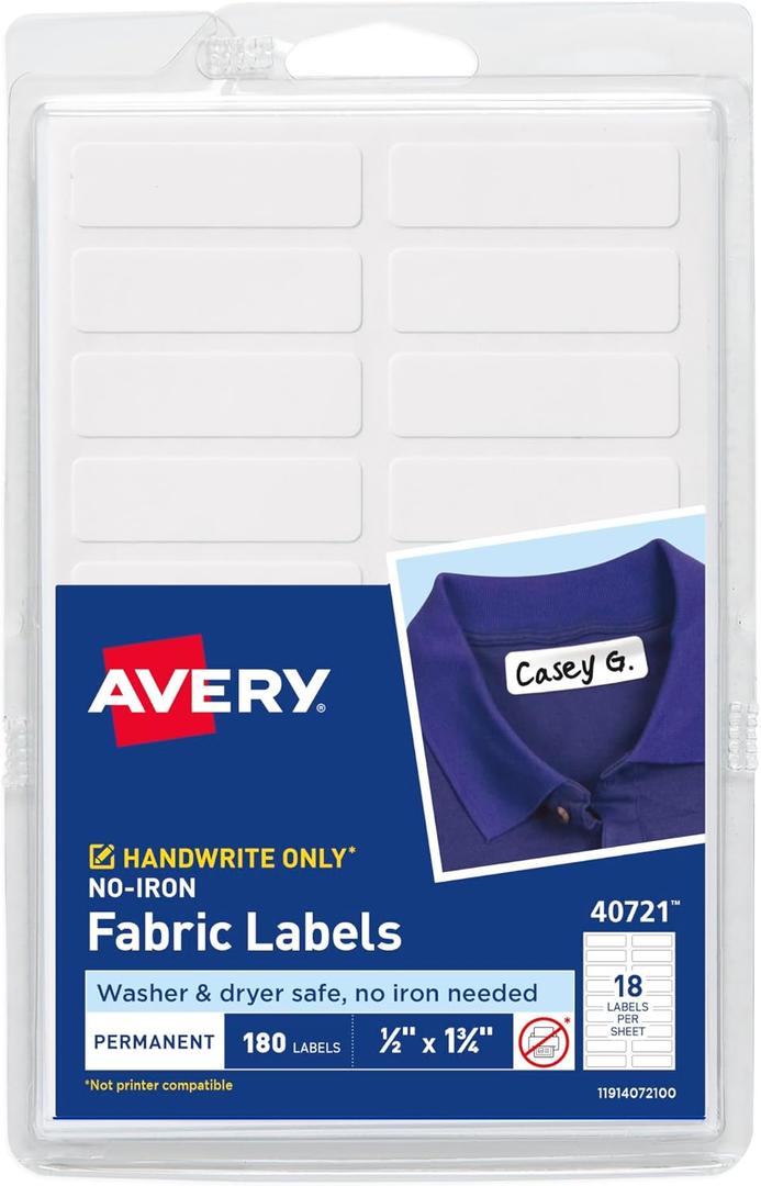 Avery No-Iron Fabric Labels, 1/2" x 1-3/4", Washer and Dryer-Safe Waterproof Labels, Non-Printable, 180 Total (40721)