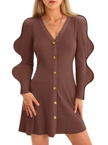 Wenrine Womens Puff Long Sleeve Sweater Dress Casual Button Down V Neck Ribbed Knit A Line Party Fall Mini Dresses Brown, Size M