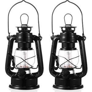 Hortsun 2 Pcs 8 Inch Vintage LED Hurricane Lantern Metal Black Outdoor Battery Operated Hanging Lantern with Warm LEDs and Dimmer Switch for Indoor Rustic Farmhouse Country Camping Decor