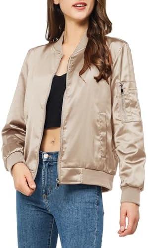 YEABEDA Satin Bomber Jacket Women Casual Fall Varsity Jackets Zip Up Outerwear Windbreaker with Pockets XL