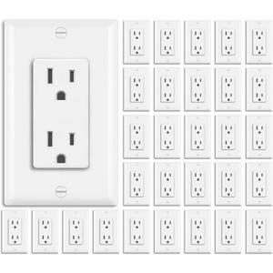BESTTEN 30 Pack 15 Amp Decorator Receptacle Outlet, Decor Standard Electrical Wall Outlet, Residential and Commercial Use, Non-Tamper-Resistant,15A/125V/1875W, Wallplate Included, UL Listed, White