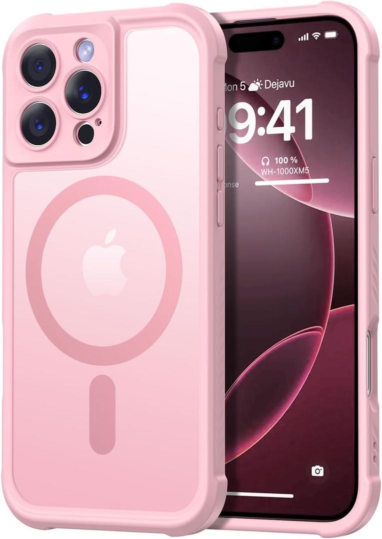 Thomo Magnetic for iPhone 16 Pro Case, [Full Camera Protection] [Compatible with Magsafe] Military-Grade Shockproof, Anti-Fingerprint Translucent Matte Phone Case,Pink