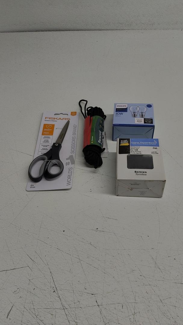 Black Twine, Scissor, Screw Coarse Thread 6 x 1-5/8, and Philips 40W LED Bulb