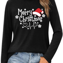 Christmas T-Shirt for Women Long Sleeve Round Neck Xmas Holiday Shirts Casual Basic Tunic Tops L