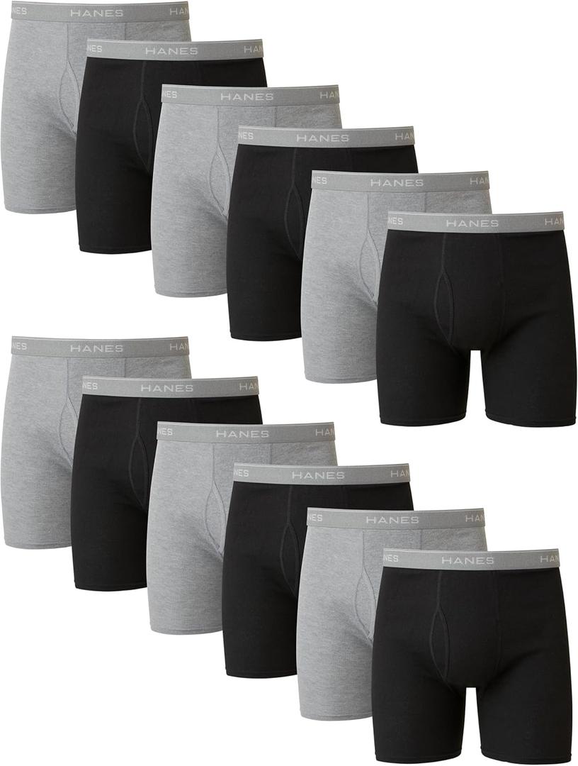 Hanes Men's Underwear Boxer Briefs Pack, Cool & Breathable Cotton Moisture-Wicking Underwear for Men, No Ride Up (Black/Gray - 12 Pack, X-Large)