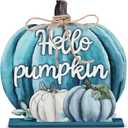 Soaoo Thanksgiving Decoration Wooden Fall Hello Pumpkin Sign Autumn Pumpkin Table Decor 11 Inch Wooden Autumn Desktop Ornament for Thanksgiving Harvest Day Farmhouse Home Living Room Decor(Blue)