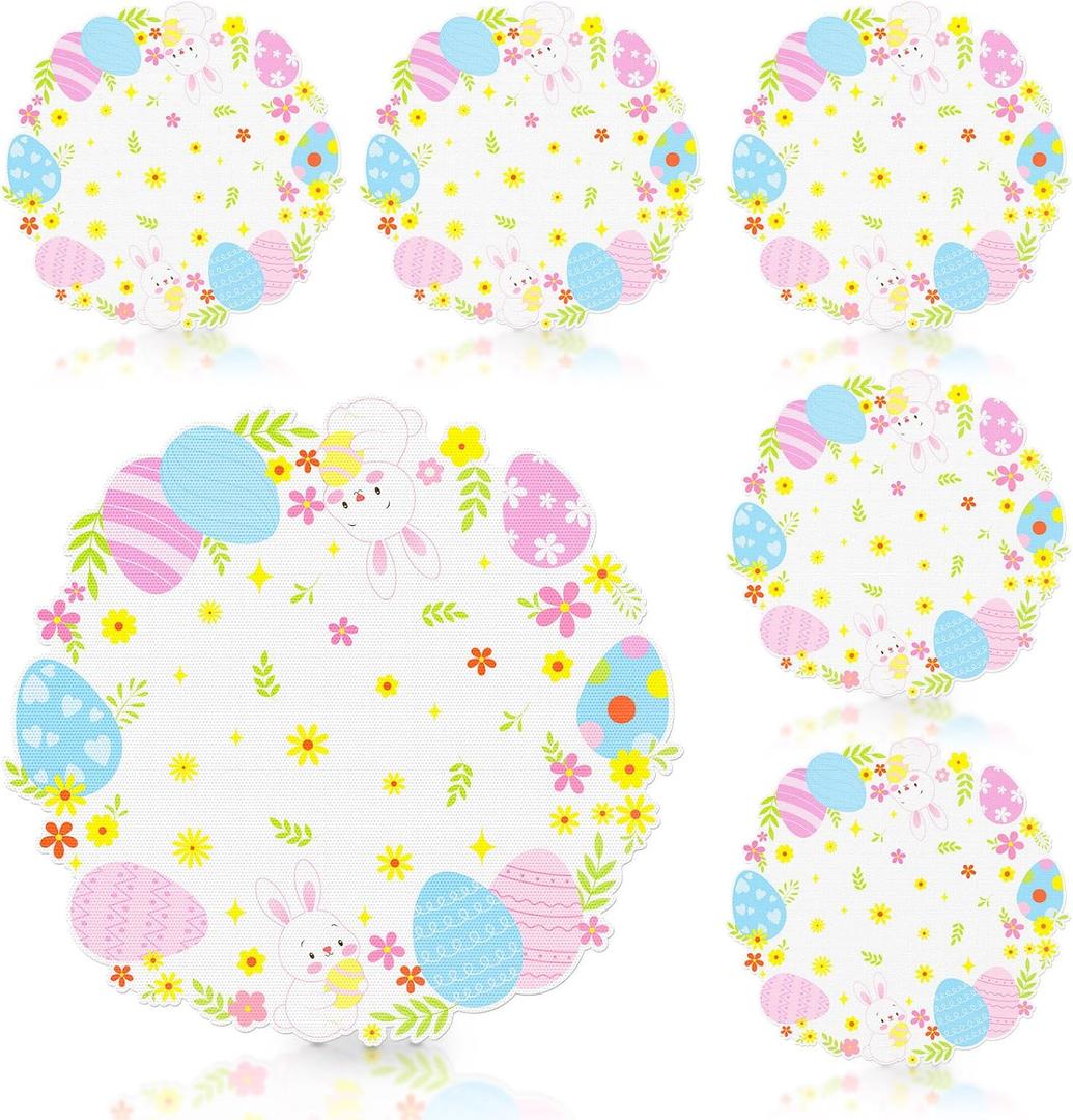 Round Easter Placemats Set of 6, 13.5" x 13.5" Easter Egg Bunny Rabbit Place Mats Flower Floral Doily Linen Seasonal Spring Table Decor for Home Party Kitchen Dining Tableware Decorations