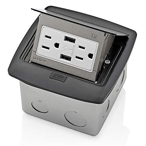 Leviton Pop-Up Floor Box with Dual Type A, 3.6 USB Charger, 15 Amp Outlet, PFUS1-MB, Black