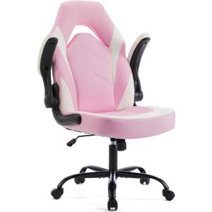 Sweetcrispy Computer Gaming Desk Chair - Pink Ergonomic Office Executive Adjustable Swivel Task PU Leather Racing Chair with Flip-up Armrest for Adults, Kids, Men, Girls, Gamer, White Pink