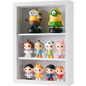 Small Display Case for Mini Figurines, Blind Box Toys | 2" Deep Shadow Box with Adjustable Shelves Tension-Fit DIY | Wall or Tabletop Stage for Stylized Vinyl Figures, Tiny Collectibles | White