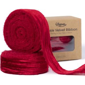 Christmas Red Ribbon 1 Inch x 6 Yd Crinkled Handmade Frayed Vintage Velvet Ribbons for Gift Wrapping Tree Home Decor Wreath Craft Ornaments, Red