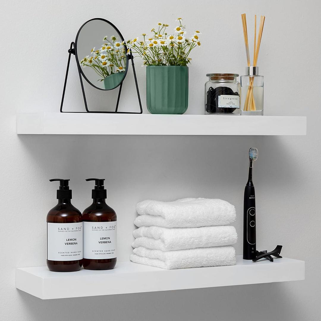 Homeforia White Floating Shelves 24 inch, Premium Solid Wood Floating Shelves White 24 inch, Kitchen Wall Shelf White, Heavy Duty Bracket, 24 x 6.5 x 1.75 inch, Set of 2