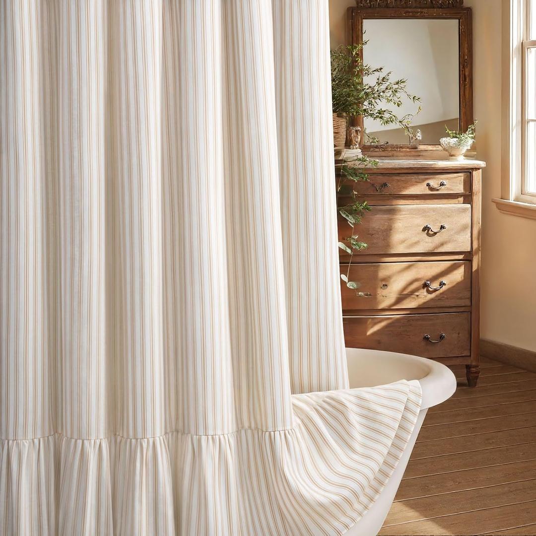 Farmhouse Shower Curtain with Ruffle Hem Linen Shower Curtains for Bathroom Country Vintage Rustic Natural Fabric, White-Beige Stripe 72" W x 72" L