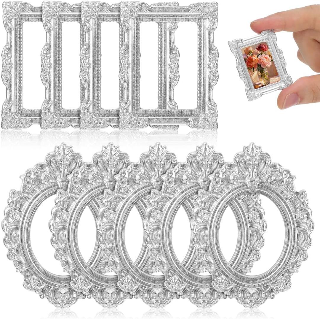 PRETYZOOM 12pcs Mini Frames Old DIY Miniature Hotel Home Rustic Poster Textured Oval Ornament Jewelry Props Vintage for Embossed Shop Small Hanging Wall Silver Frame Party Ornate Antique