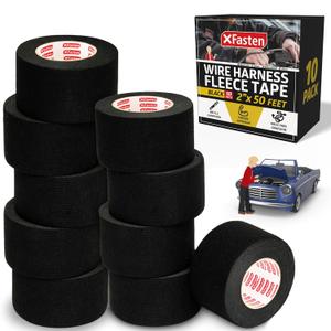 XFasten Wire Harness Tape 2 Inch x 50 ft (10-Pack 500ft Total) Residue-Free Cloth Electrical Felt Tape for Automotive Wiring Loom Wrap, High Temp and Abrasion Resistant, Noise Dampening Insulation (Black)