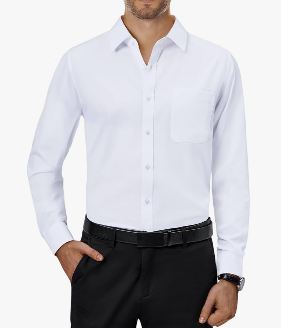 Alimens & Gentle Mens Dress Shirts 4-Way Stretch Long Sleeve Collared Casual Solid Wedding Dating Button Down Shirt, White, Large