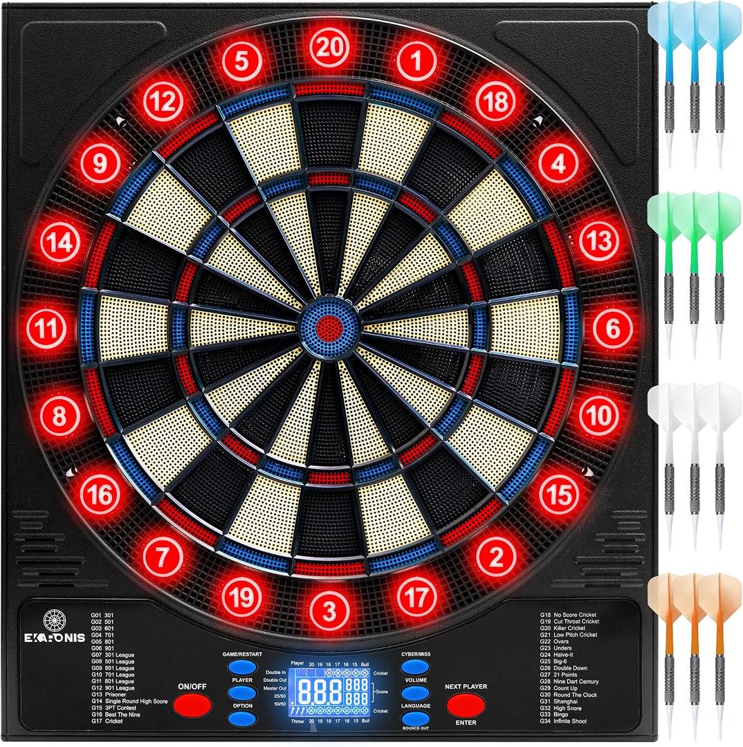 Electronic Dartboard 34 Games 355 Variations with 12 Darts Illuminated Dartboard Dart Storage for 12 Darts