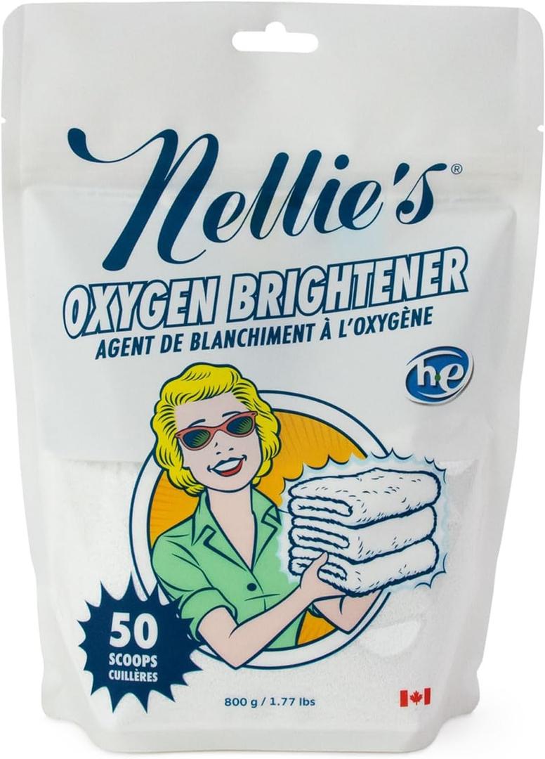 Nellie's Oxygen Brightener - Laundry Stain Remover - Planet-Friendly - Alternative to Bleach for Brighter Whites and Colors - Hypoallergenic and Septic-Safe (50 Scoops) - (Made in Canada) 2 Pack