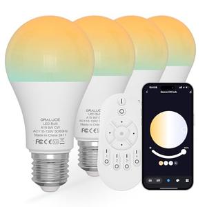 ORALUCE LED Remote Control Light Bulbs 60 Watt Equivalent, Dimmable 2700-6500K Lightbulbs E26 Base, A19 Bluetooth Smart Light Bulb for Lamp, Bedroom, 4 Pack with Remote Control
