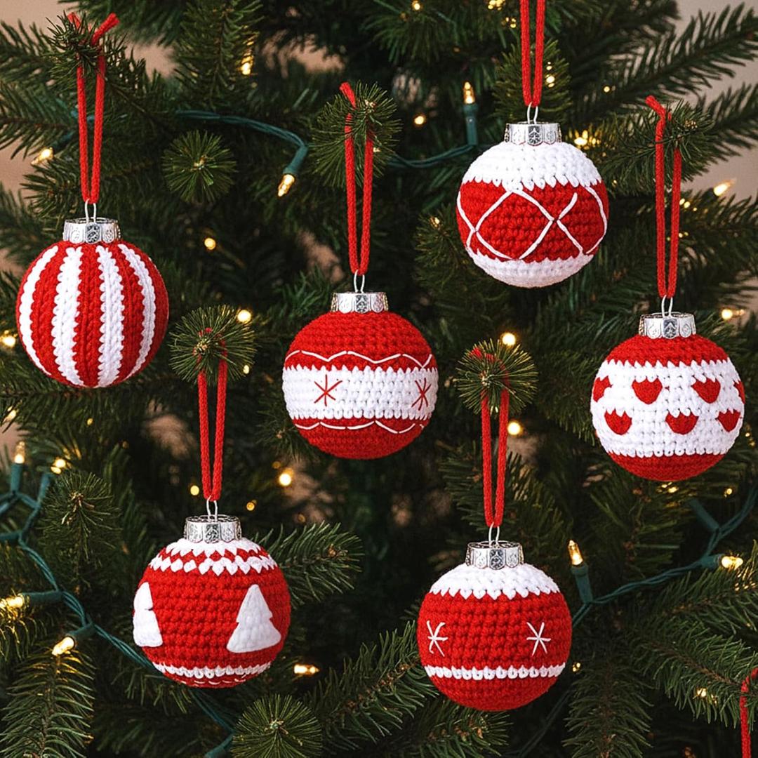 6 Pcs Red Crochet Christmas Balls Ornaments 2.76" Stable Rustic Sweater Ball for Christmas Tree Knitted Xmas Farmhouse Hanging Decorations Party Gifts