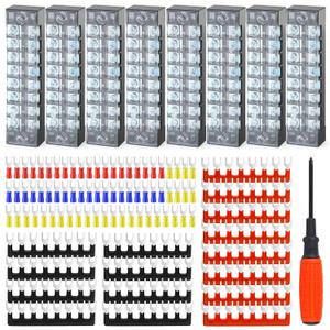 8 Sets Terminals Block Strips, 8Pcs 15A 600V 8 Positions Screw Terminal Block + 16Pcs Insulated Terminals Barrier Strip + 70Pcs Wire Connector + Screwdriver