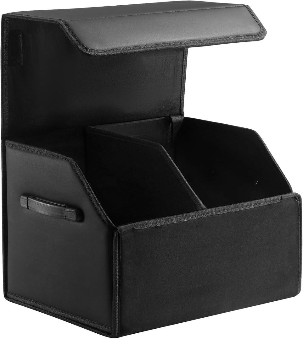 Car Organizers for Trunk for Suv Sedan, Leather Storage Box,Magnetic Lid,Collapsible and Adjustable,16.5 inches (Medium, Black)
