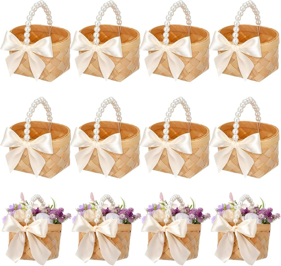 Geelin 12 Pcs Mini Flower Girl Basket Mini Woven Baskets with Pearl Handles Wood Chip Flower Fruit Picnic Holder with RibbonCh ip Bucket for Wedding Party Gifts Baby Shower Birthday Party Decoration (Beige)