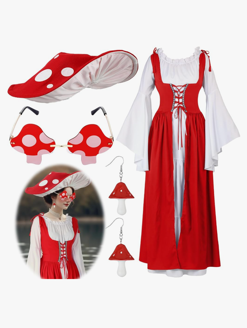 Zoooyawn Renaissance Mushroom Medieval Costume with Hat Sunglasses Dangle Earrings Women Victorian Fairy Dress Cosplay L-XL