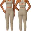 QBGJTD Womens Workout Set Two Piece Racerback Color Block Tank Tops Matching High Waist Leggings Gym Work Out Outfits (Beige, S)