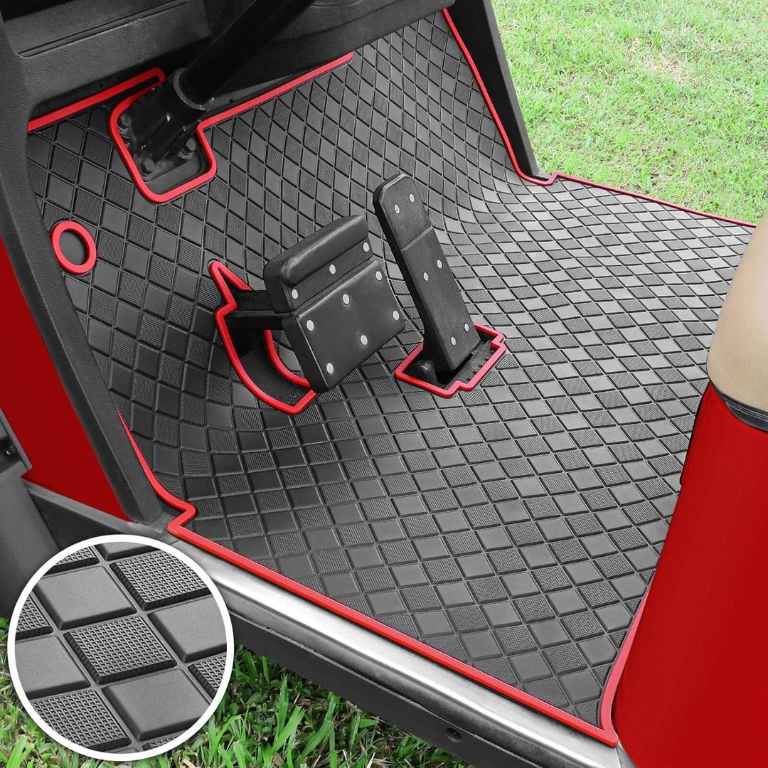 Golf Cart Floor Liner Mat 8mm Thick Rubber Full Coverage Fit for EZGO TXT (1994-2025), Express S4 (2012-2020), Cushman Workhorse, EX1 (2020), Valor, Navitas, Some Star Carts Mats Replacement (Red Trim)