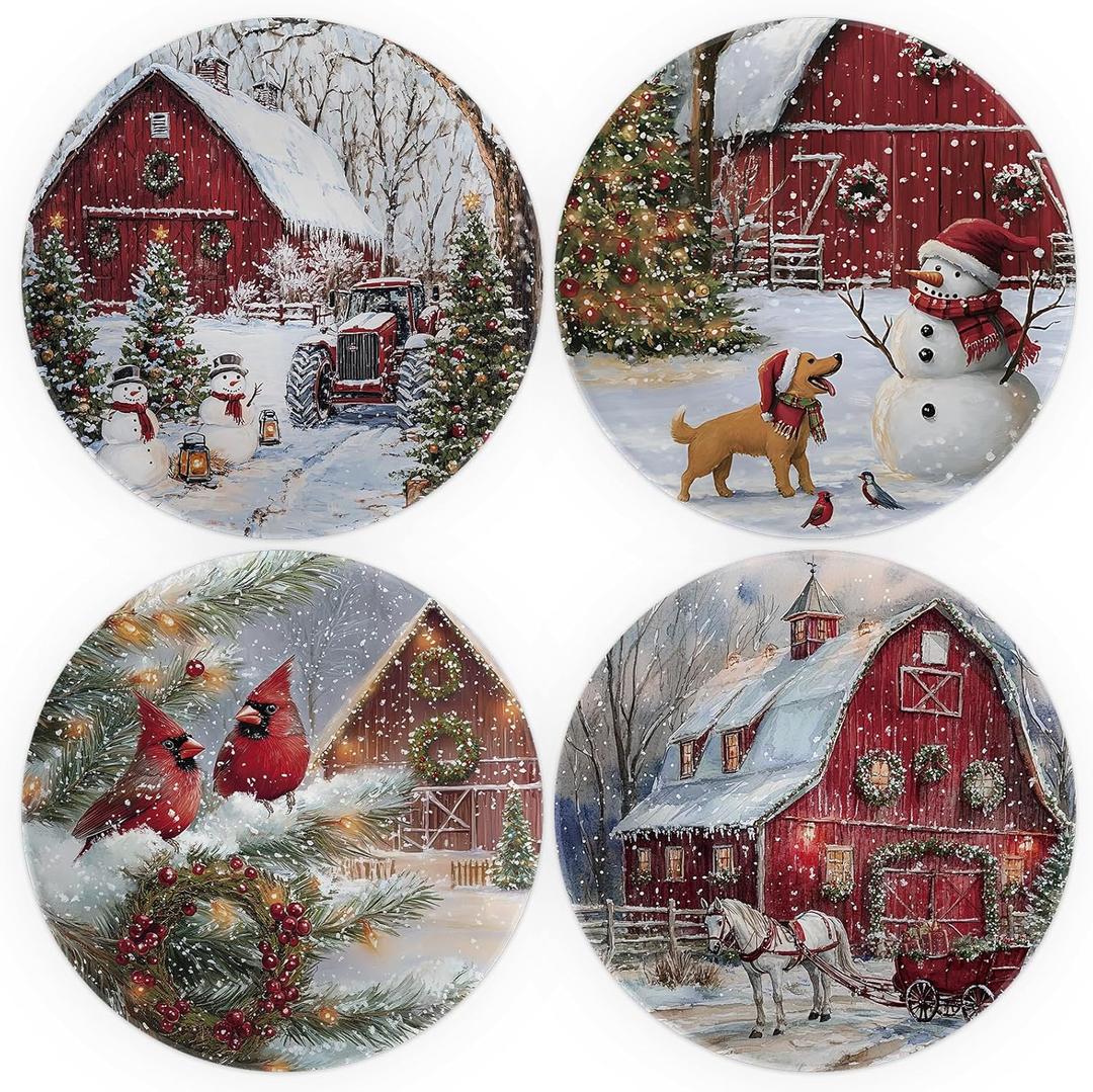 4 Pcs 10-Inch Christmas Melamine Dinner Plates, Round Holiday Set with Winter Farm Watercolor Scenes, Red Barn, Cardinals, Snowmen, Dishwasher-Safe Festive Dinnerware for Table Decor & Parties