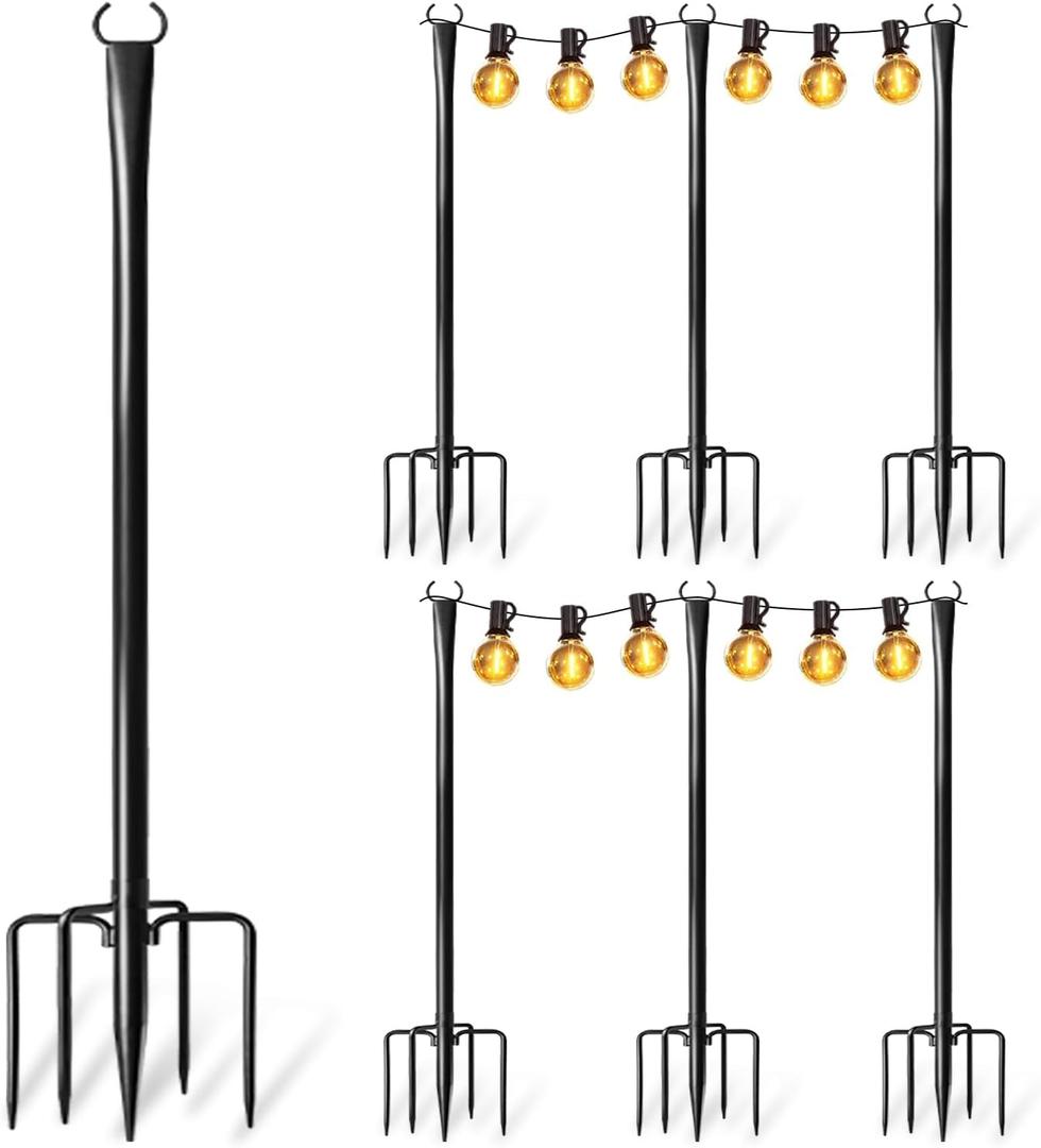 6 Pack String Light Poles for Outside, Upgraded Heavy-Duty Metal Poles for Outdoor String Lights with Fork, Adjustable Lighting Hanging Accessories for Patio Decor Pergola Backyard Garden Decorations